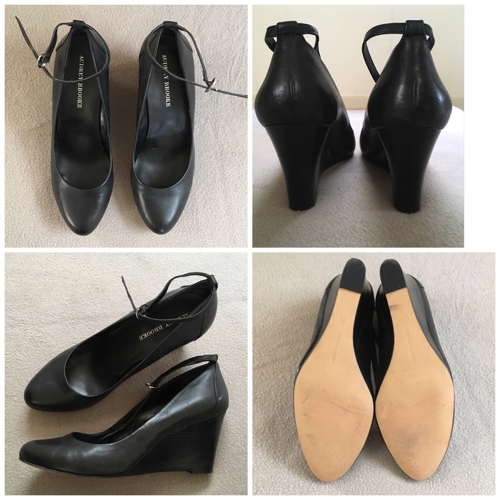 Audrey Brooke black leather wedges